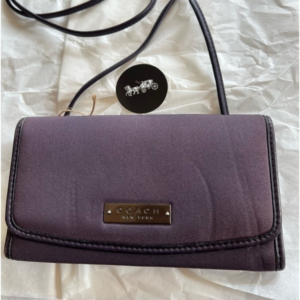 Coach Fabric Tri Fold Wallet Crossbody Bag Deep Plum Purple Vintage